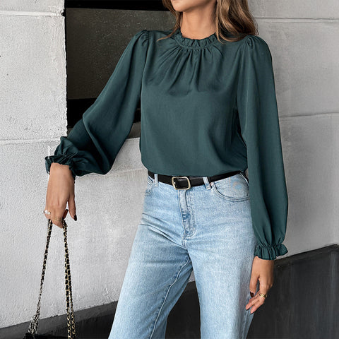 Casual simple style long-sleeved solid color wood ear edge shirt m301411