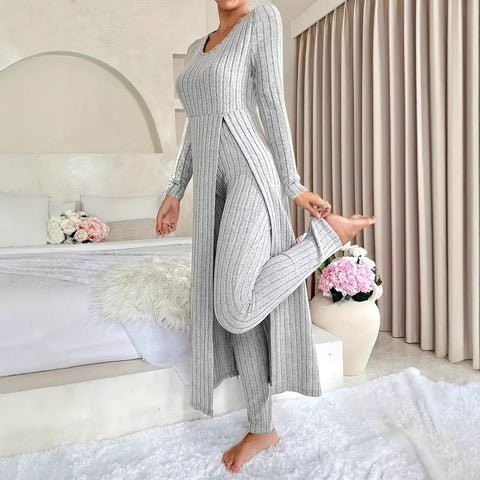 New design round neck split fork long sleeve two-piece set spring m302328