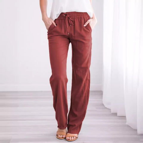 Solid color cotton and linen loose drawstring casual wide-leg trousers women's m301572