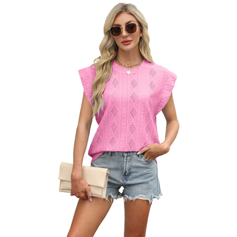New round neck loose short-sleeved T-shirt jacquard top vest women's m301963