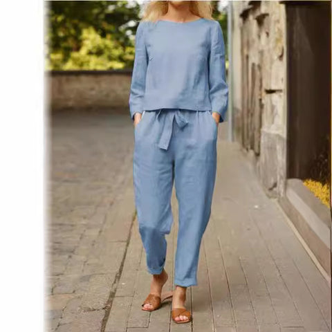 Linen suit women's fashion solid color casual two-piece set m300052