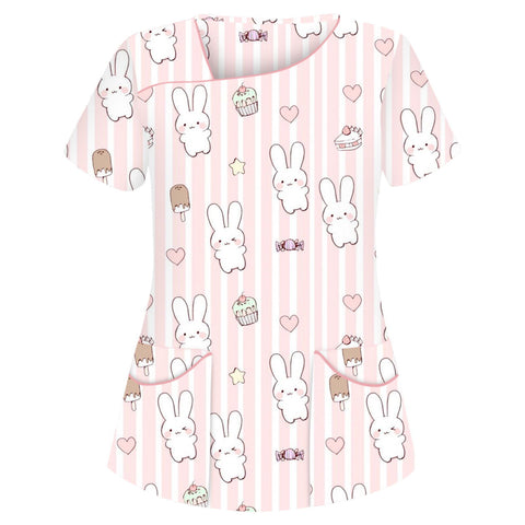 Printed V-neck short-sleeved pocket T-shirt women's top m301596