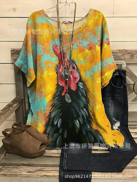 Loose round neck short-sleeved cotton and linen top women's m301281