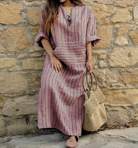 New cotton and linen dyed striped loose dress m302470