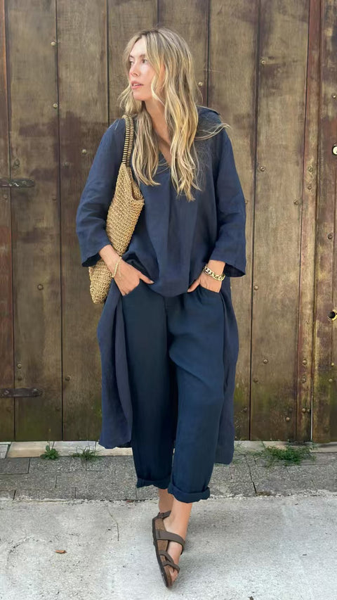 Women's summer pocket V-neck 2-piece set solid color loose women's clothing m301501