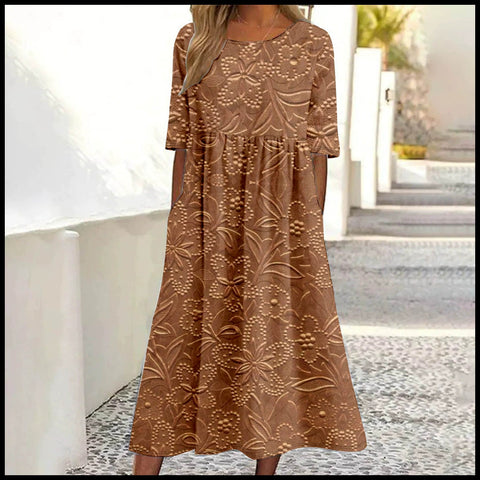 Ladies Casual Crew Neck Pullover Short Sleeve 3D Printing Pleated Waist Swing Long Dress Dress m301299