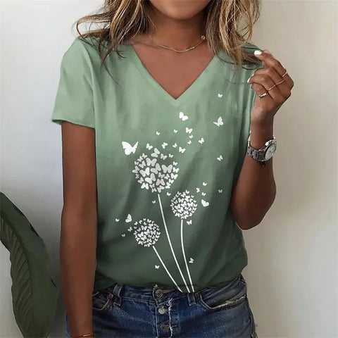 Faux cotton short-sleeve V-neck printed women's wear m303193