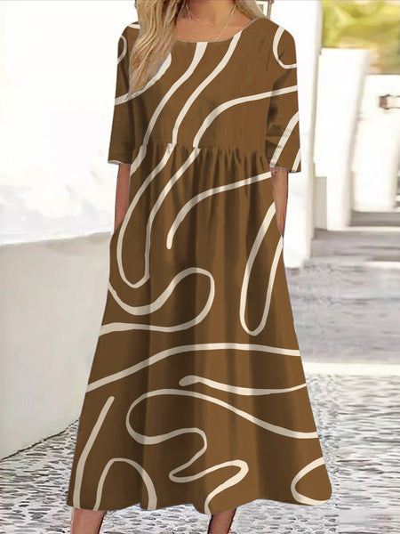 New mid-waist women's casual crew neck 3D printed dress m302528