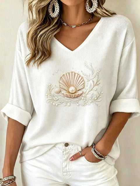 Shoulder V-neck long-sleeved pullover print women's T-shirt m303200