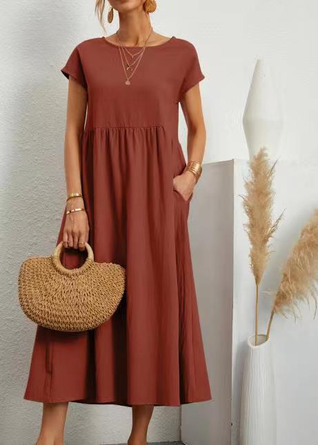 Sleeveless loose cotton and linen pocket dress m301061