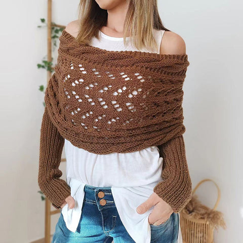 Double-sleeved extended hollow shawl multi-purpose knitted twist sweater with scarf outside autumn and winter women m302058