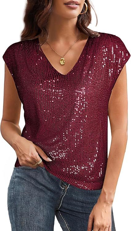 Sleeve sequins slim V-neck solid color top T-shirt women's m300996