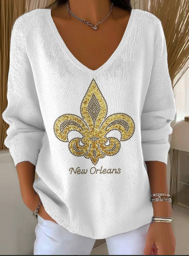 Shoulder V-neck long-sleeved autumn leaf 3D digital printing women's top FF303401 02