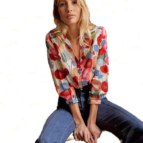 Digital printing women's fashion long-sleeved shirt new hot-selling floral top gorgeous m301604