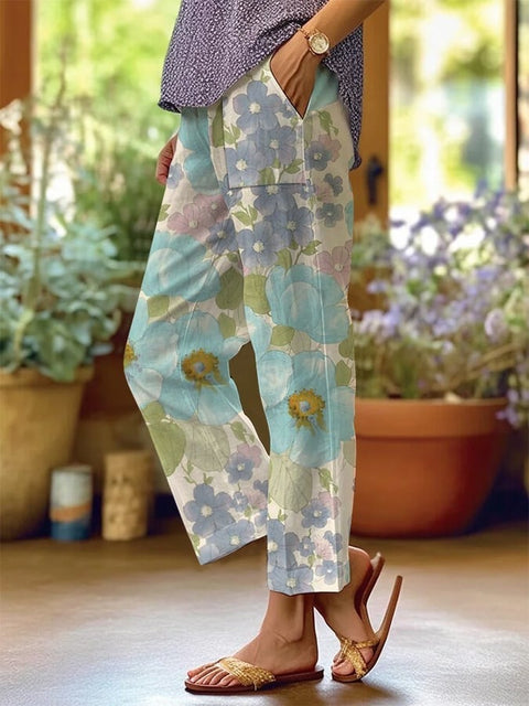 Linglong hemp digital printing simple crimped casual pants m303184