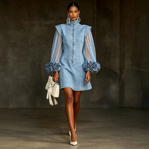Fashion mesh stitching denim flower dress FF303453