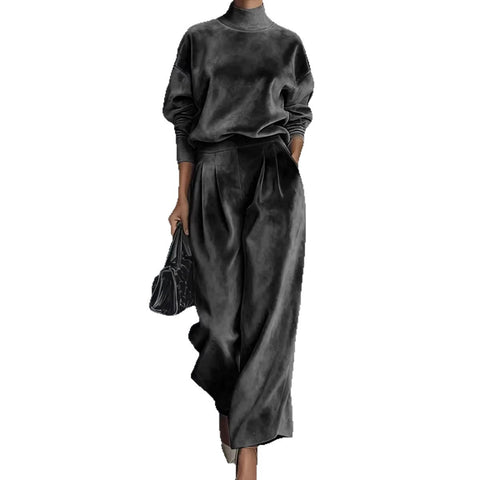 Casual two-piece suit golden velvet long-sleeved solid color high-necked wide-leg pants m302327