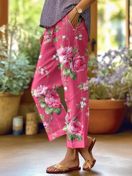Linglong hemp digital printing simple crimped casual pants m303184