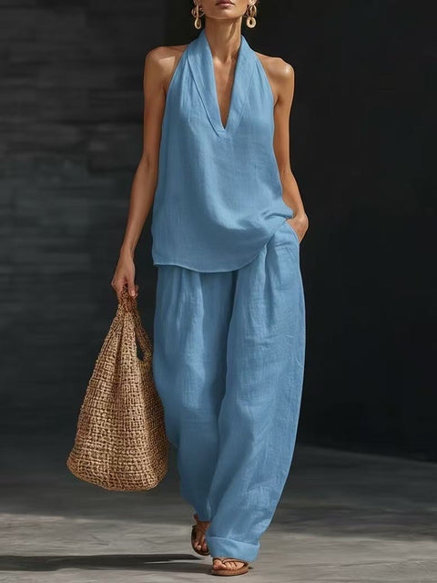 Sleeveless loose shoulder suit women's summer casual wide-leg pants two-piece set m302658