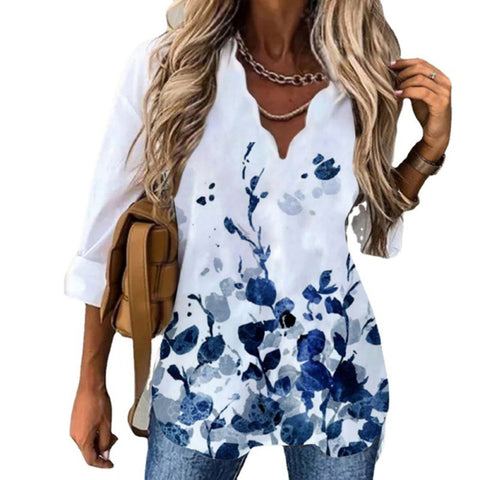 Fluted Collar Shirt Printed Long Sleeve Female M300215