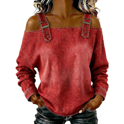 One-word tie shoulder strap long-sleeved top m303209