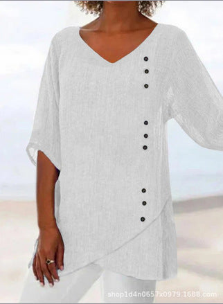 T-shirt ample à manches 3/4 et col en V pour femme, imprimé animalier et paysage naturel, m301289 