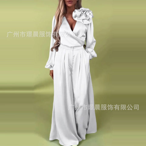 Women's Luxury Elegant V-Neck Satin Long Sleeve Top Wide Leg Pants Set m302514