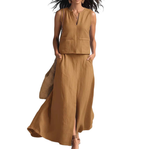 Sleeveless solid cotton and linen V-neck sleeveless top casual cross-body pocket skirt set m302507