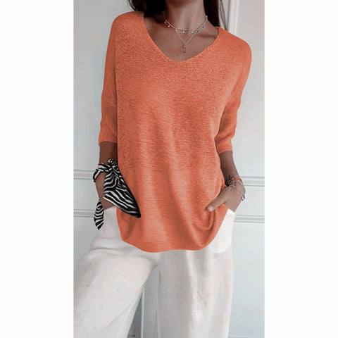 Casual sweater basic thin V-neck seven-quarter sleeve solid color knitted sweater women's bottoming shirt m301636