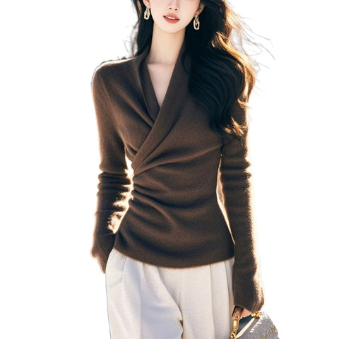 French Elegant Coffee V-Neck Long Sleeve Sweater Knitted Sweater Women's Autumn and Spring Versatile Slim Fit M301759