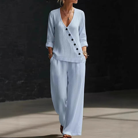 Temperament loose V-neck diagonal button-down shirt wide-leg pants two-piece set m302397