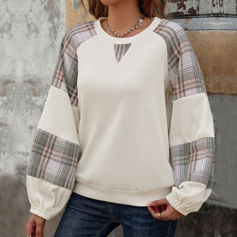 crew neck splicing sleeve loose casual sweater m300855