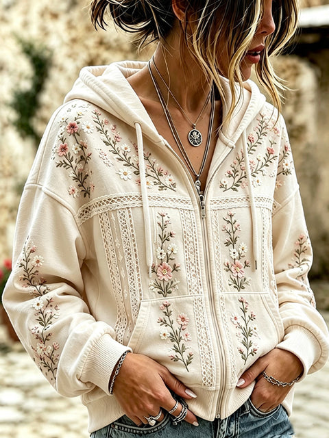 Sequin floral elements 3D digital printing loose casual hooded sweater m303215