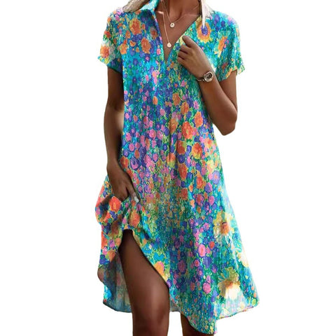 Crew neck short sleeve long dress bohemian print dress m300908