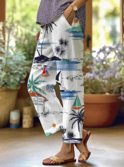 Linglong hemp digital printing simple crimped casual pants m303184