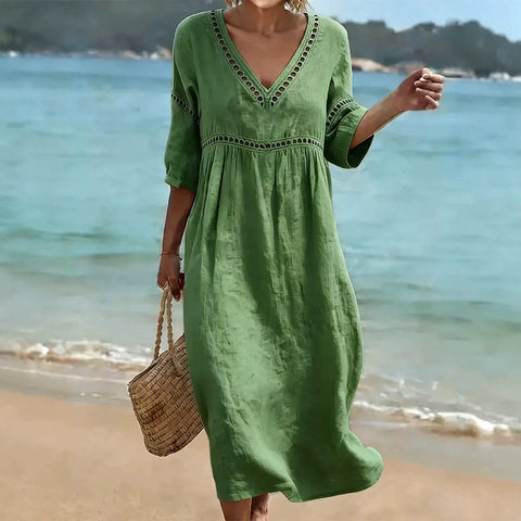 New elegant casual V-neck solid color medium-sleeved women's dress m303026