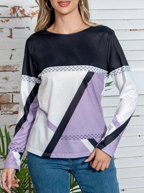 Spring and Autumn Elegant Geometric Contrast Top Long Sleeve T-Shirt m301645