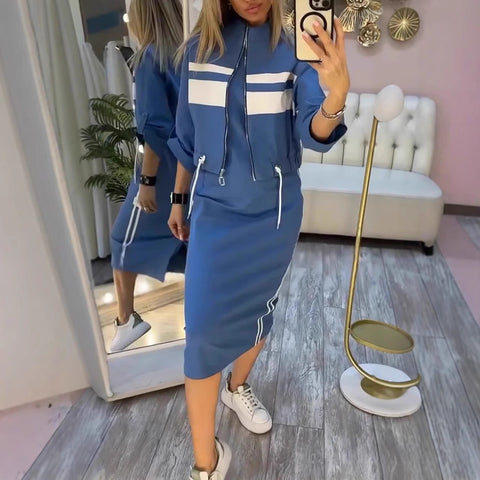 Hip Wrap Over Knee White Stripe Edge Dress Zipper Jacket Jacket Set Women's m302331