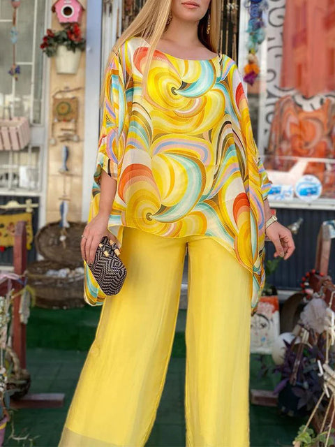 Color chiffon set casual crew neck printing two-piece set m302315