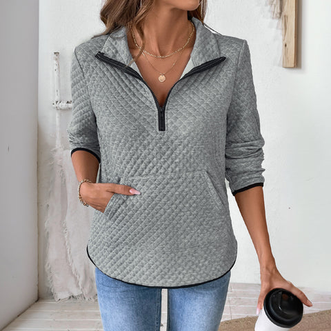 Waffle V-neck zipper semi-open pullover sweater casual solid color versatile texture top m300789