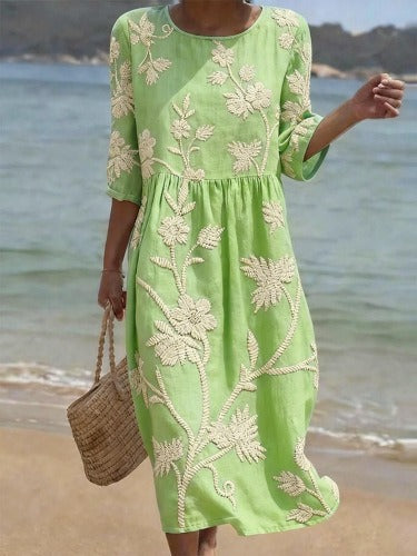 Women's medium and long sleeves side bag crew neck dress seaside vacation loose dress m302606