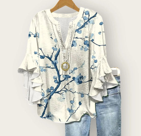 Creative floral element printing digital printing casual trend V-neck lotus edge T-shirt women's top m301778