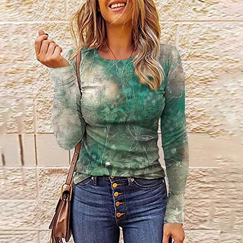 Crew neck T-shirt women's long-sleeved loose printed top m300648