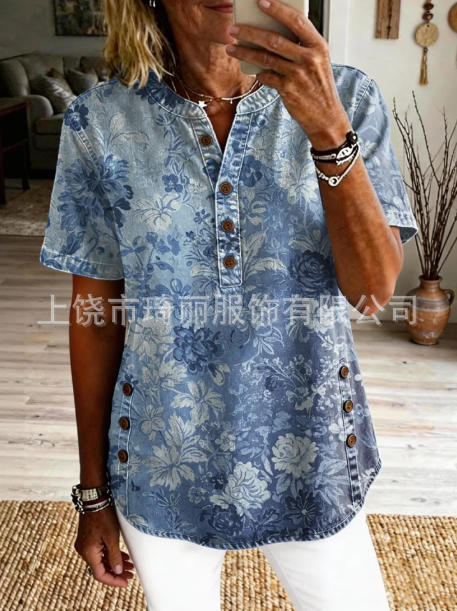 Women's Floral Print V-Neck Casual Women's Short Sleeve Top FF303332