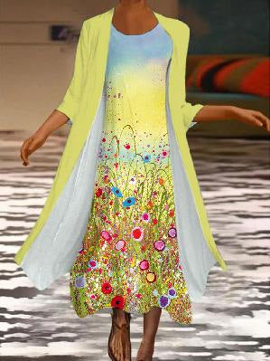 New women's long dress two-piece set flower and grass print crew neck dress m301251