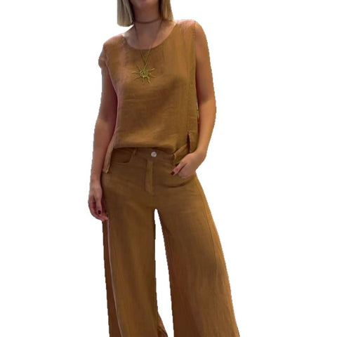 Women's cotton and linen solid color sleeveless trousers 2-piece set m302325