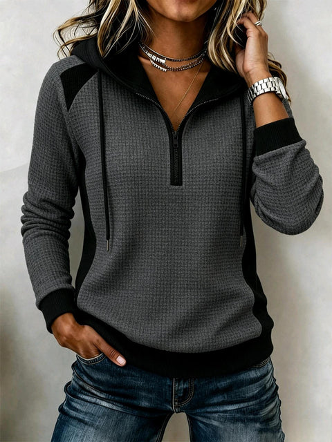 Waffle half-zipper hooded sweatshirt for women, autumn/winter long-sleeve casual top FF303443