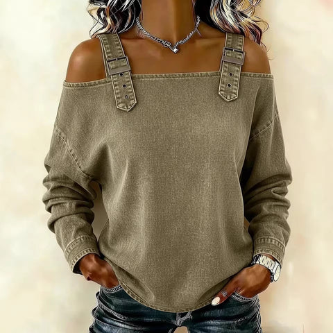 One-word tie shoulder strap long-sleeved top m303209