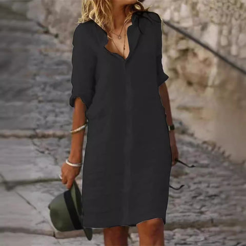 Loose Lapels Button Half Sleeve Solid Color Cotton and Linen Shirt Dress M300155