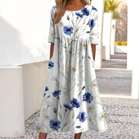 Women's Fashion Loose Floral Print Crew Neck Short Sleeve Pocket Dress m302800